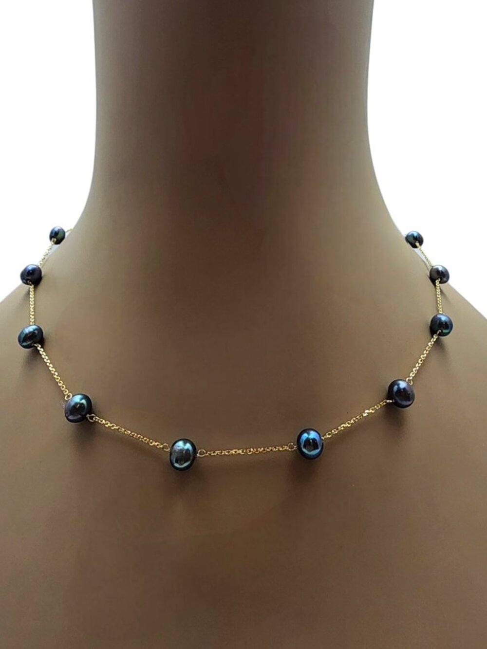 14K Yellow Gold Black Pearl Station Necklace #25782
